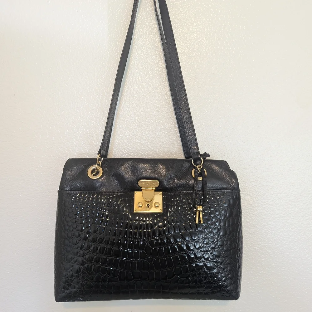 Bally Black Croc-Embossed Leather Shoulder Bag